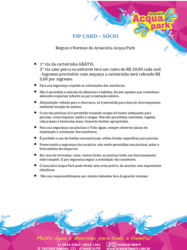 Regras do VIP Card no Araucária Acqua Park | PDF