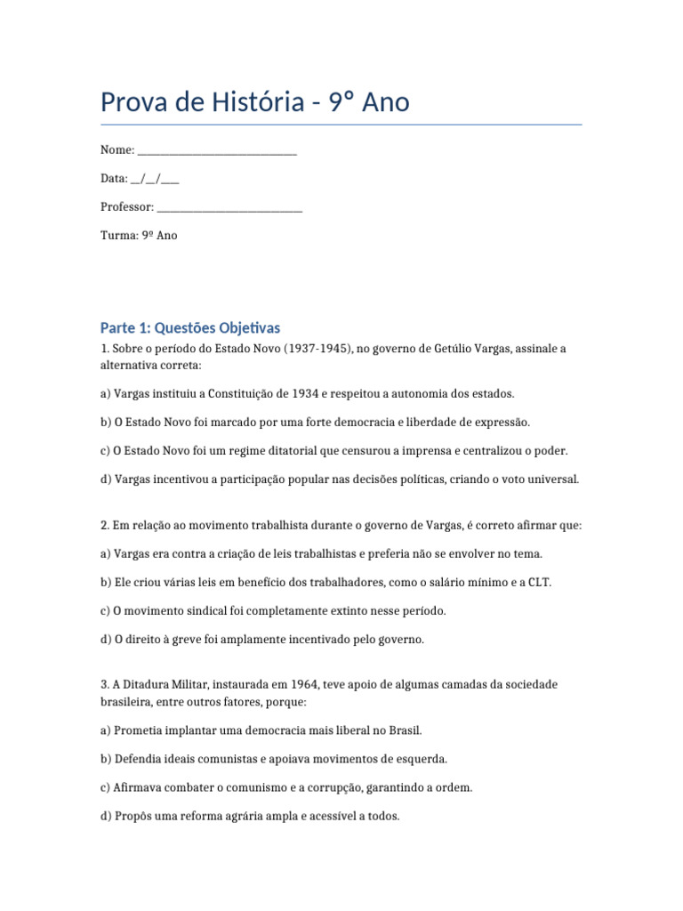 Questões sobre a Era Vargas - 9º Ano | PDF | Brasil | Ciência Política