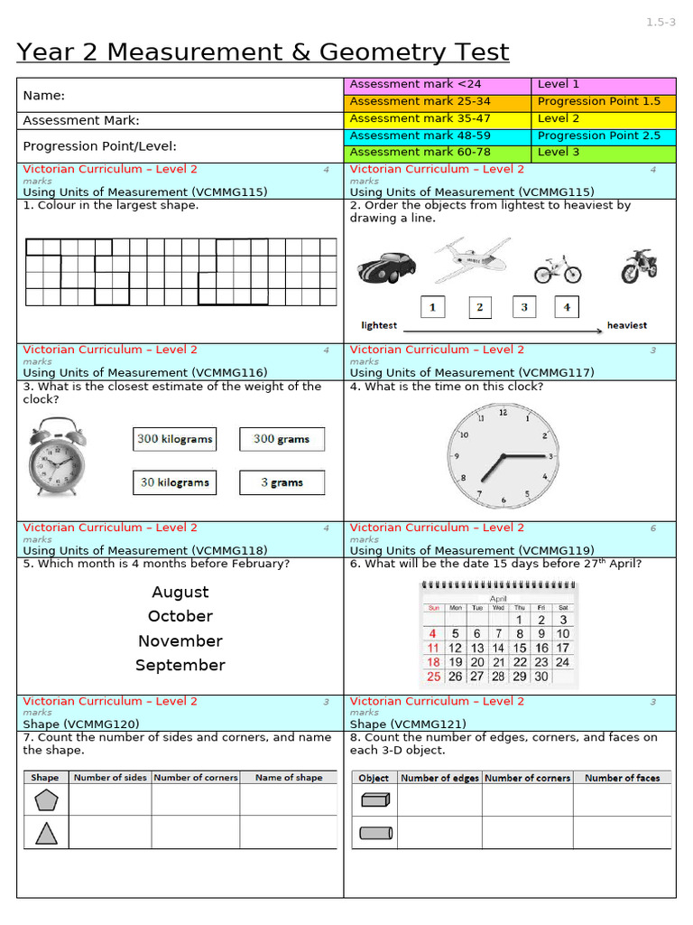 Year 2 Measurement & Geometry Test | PDF