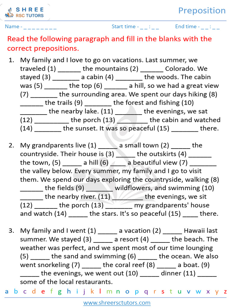 Preposition Practice for Vacations | PDF