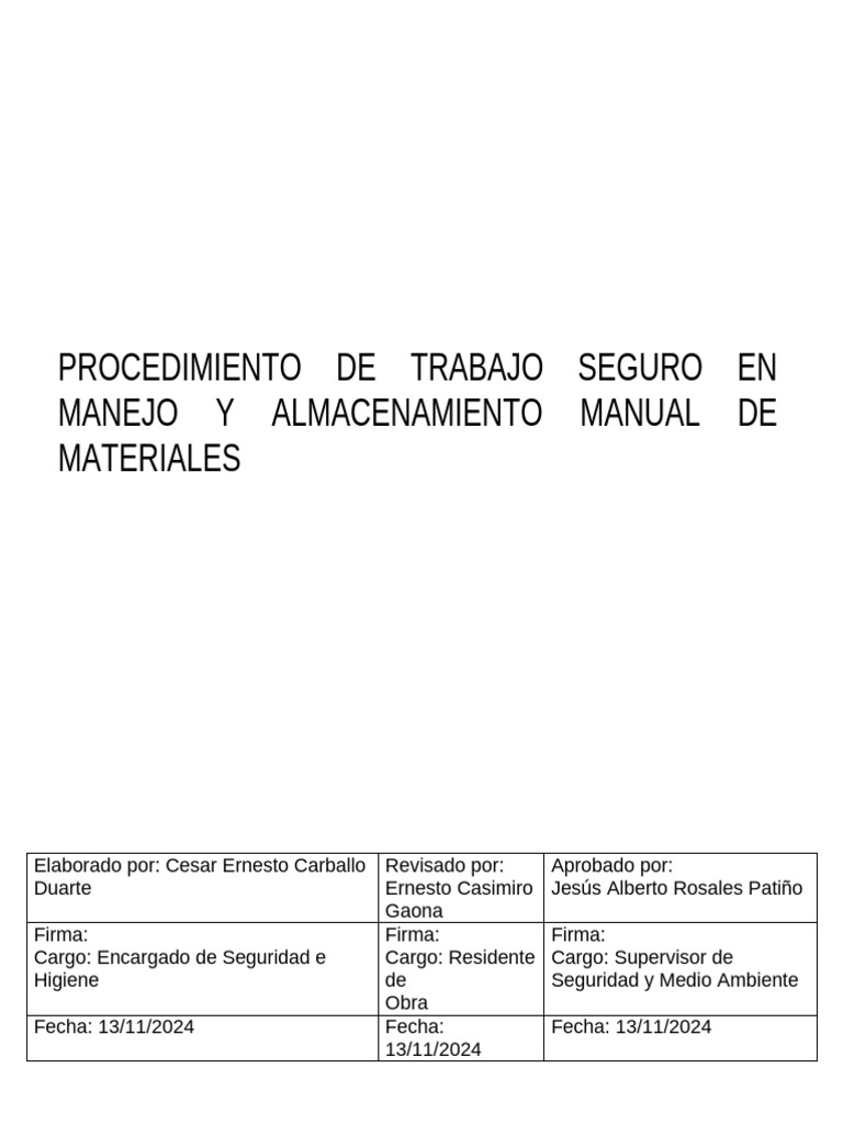 Procedimiento en Manejo y Almacenamiento de Materiales en Forma Manual ...