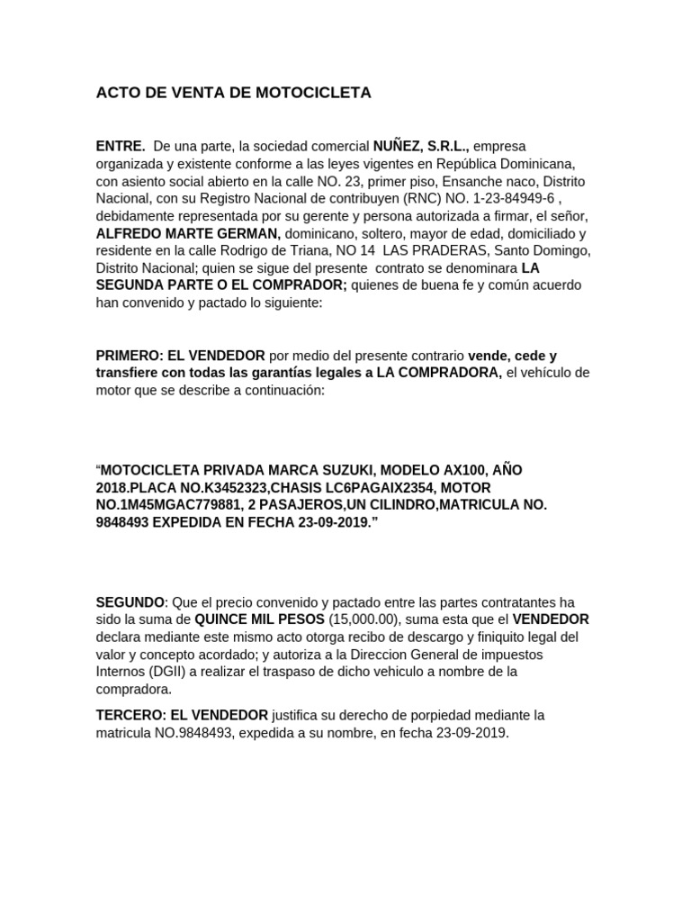 Acto de Venta de Motocicleta | PDF