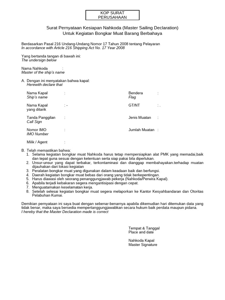 Surat Pernyataan Kesiapan Nahkoda | PDF