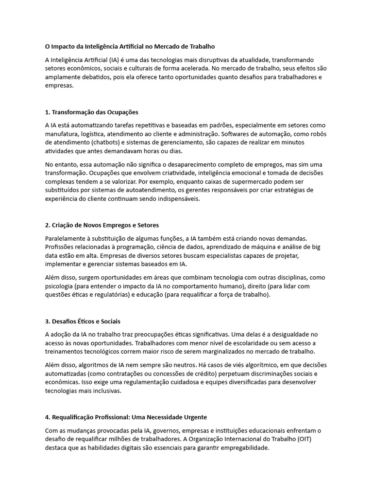Impacto da IA no Mercado de Trabalho | PDF | Inteligência artificial ...