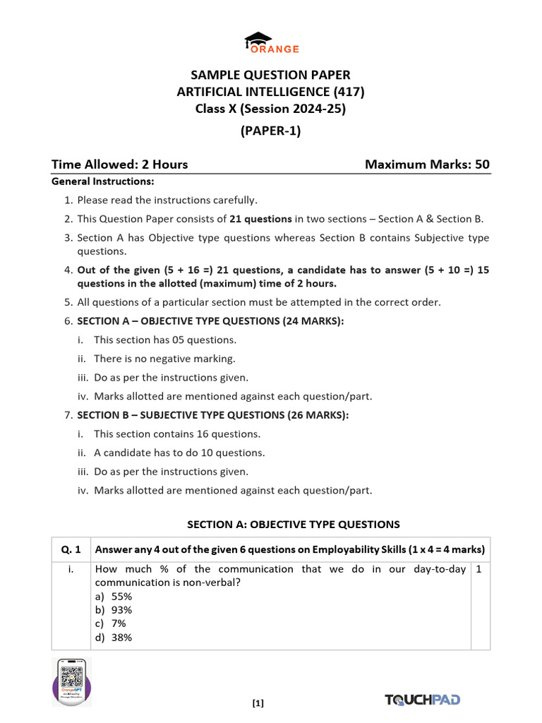 Class 10 AI Sample Paper 2024-25 | PDF | Artificial Intelligence ...