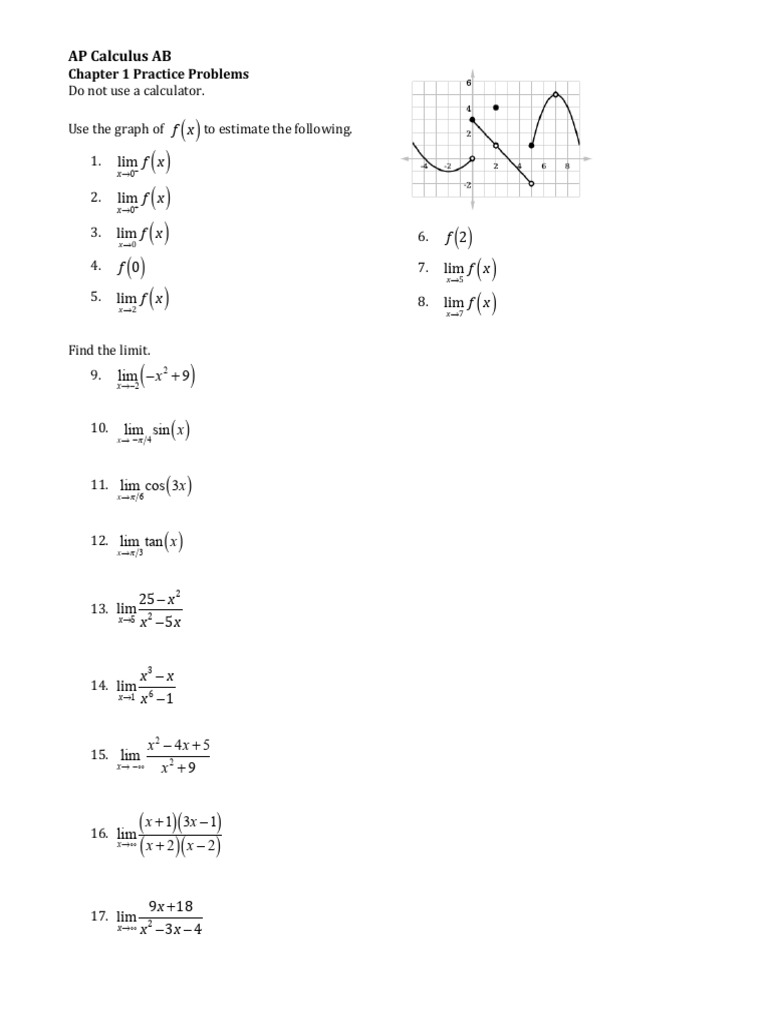 Chapter+1+Practice+Problems (Limits) | PDF | Mathematics | Mathematical ...
