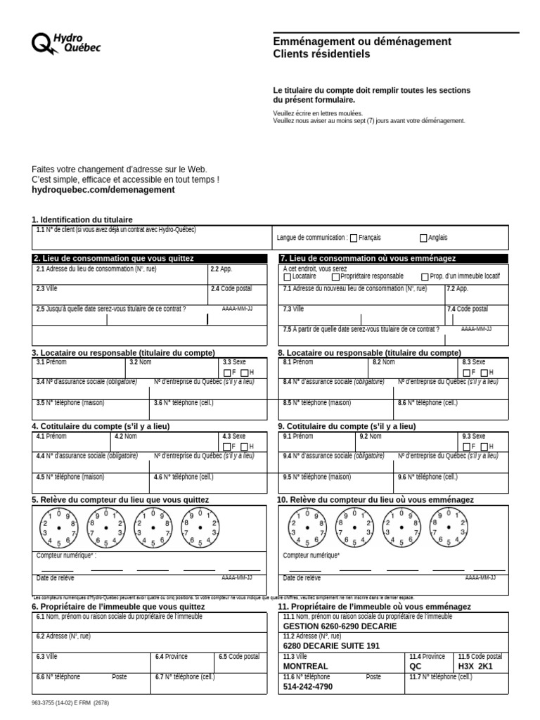 Changement d'adresse Hydro-Québec | PDF