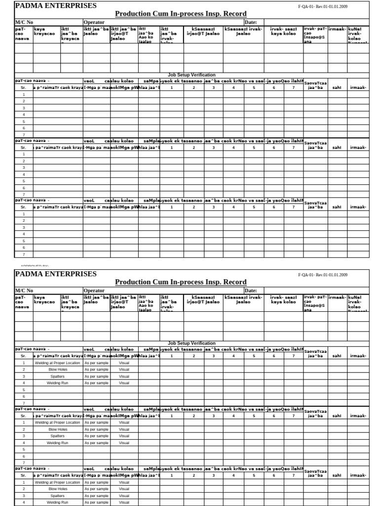 Inprocess Inspection Report Marathi | PDF