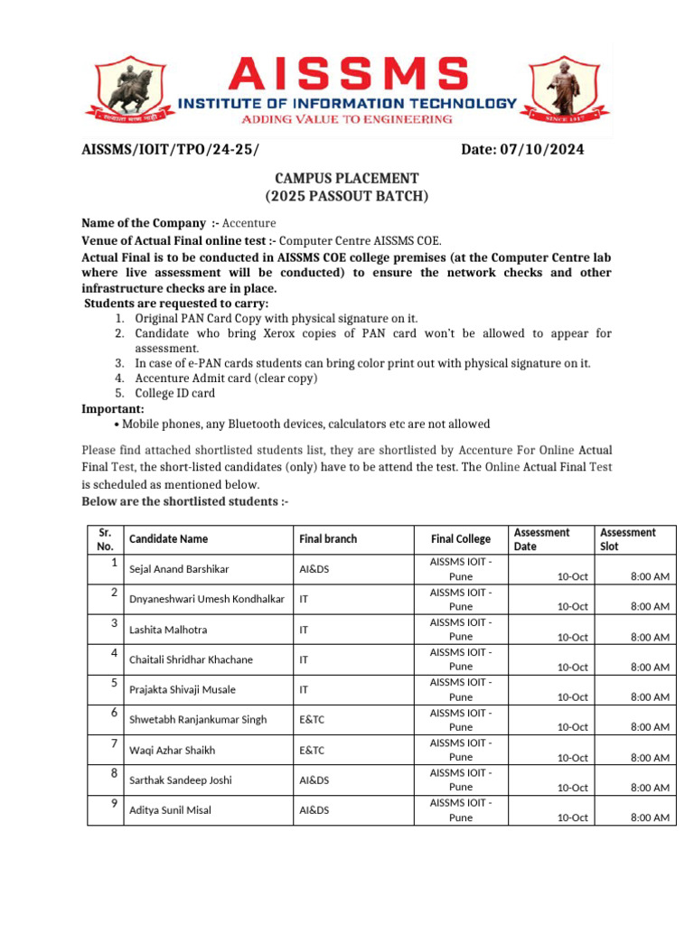 Accenture Placement Test Details 2025 | PDF