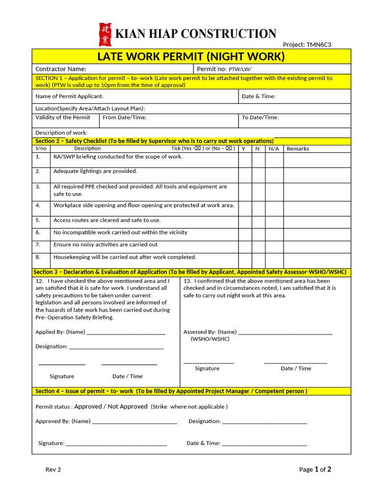Appendix 2.4.6 Night Work Permit | PDF | Safety | Occupational Safety ...