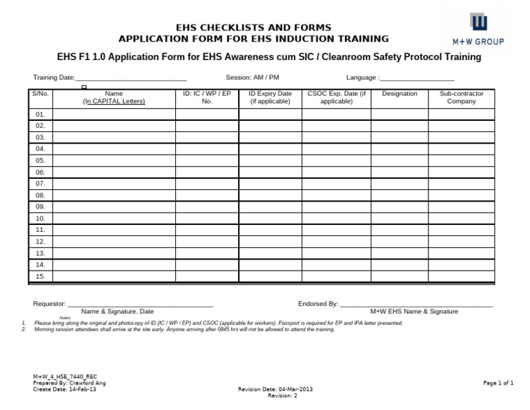 EHS Induction Training Application Form | PDF