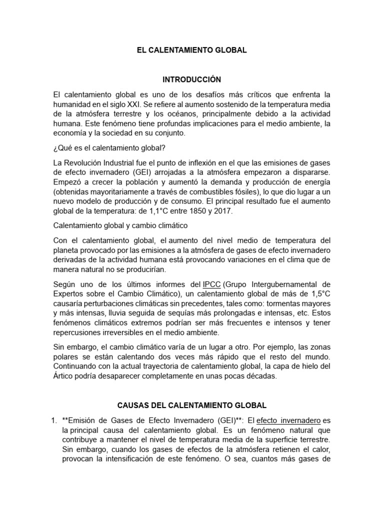 El Calentamiento Global | PDF | Gases de efecto invernadero | Cambio ...