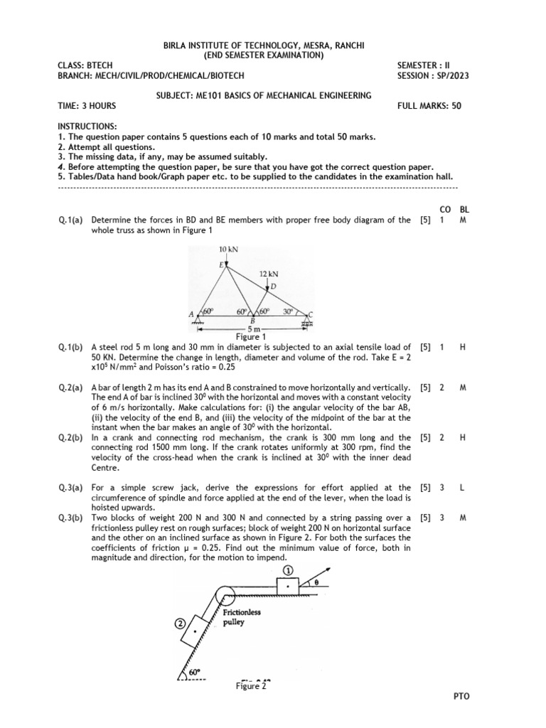ME101 Exam Paper - Basics of Mechanical Engg | PDF | Force | Applied ...