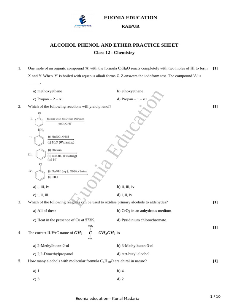 Alcohol Phenol and Ether Practice Sheet | PDF | Ether | Acid