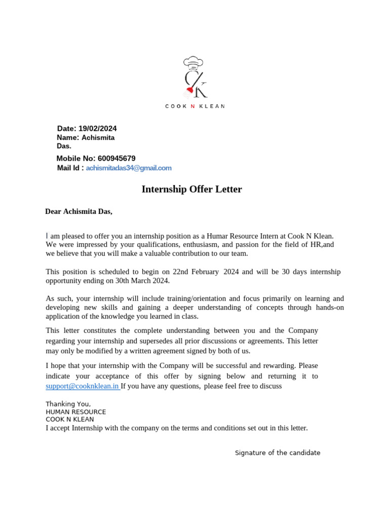 Internship Offer Acceptance Letter | PDF