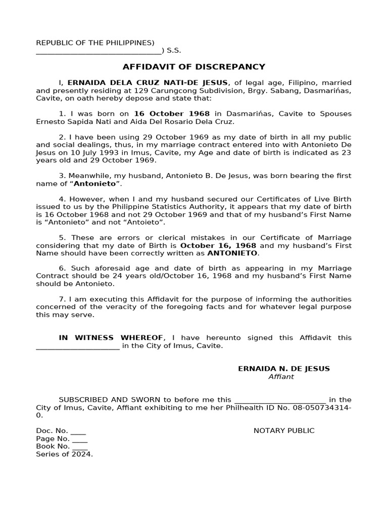 Affidavit of Birth Discrepancy in Marriage | PDF