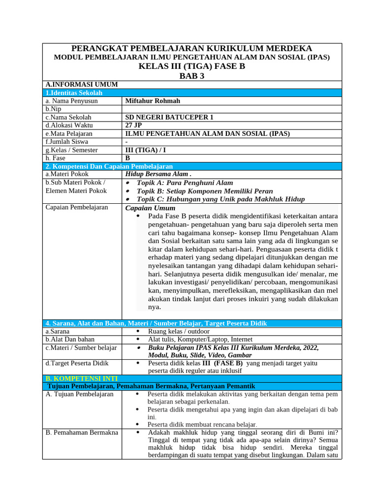 Modul Ajar IPAS Kelas 3: Bab 3 Ekosistem | PDF