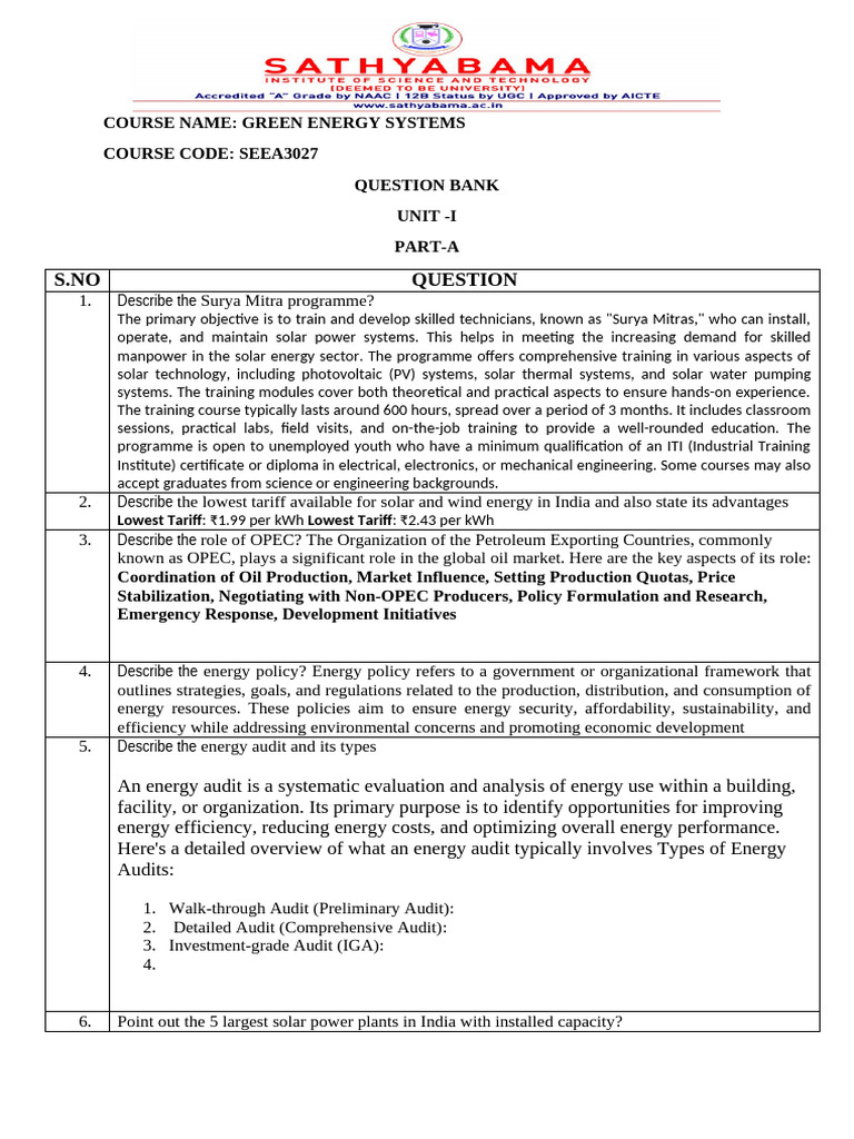 Green Energy Systems Course Question Bank | PDF | Solar Power ...