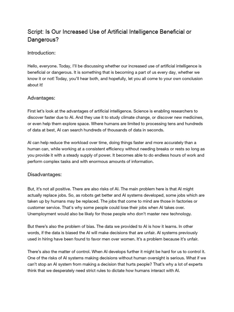 Script - Is Our Increased Use of Artificial Intelligence Beneficial or ...