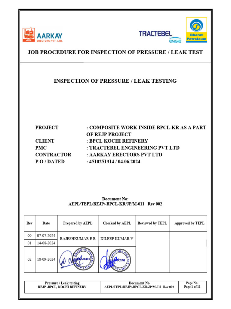 Pressure Leak Test Procedure BPCL-KR | PDF | Valve | Leak