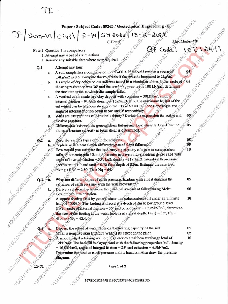Be Civil Engineering Semester 6 2022 December Geotechnical Engineering ...