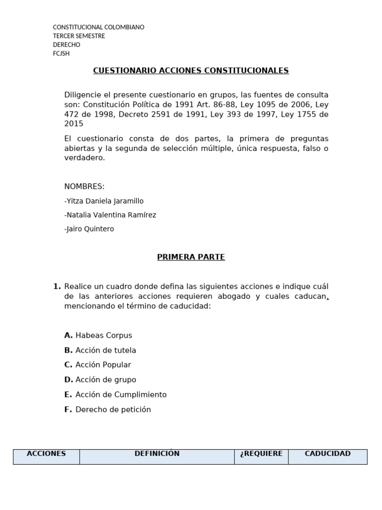 Cuestionario sobre Acciones Constitucionales en Colombia | PDF | Habeas ...