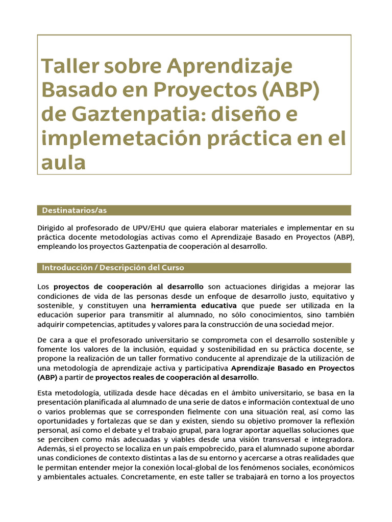 Taller Sobre Aprendizaje Basado en Proyectos ABP Gaztenpatia | PDF ...