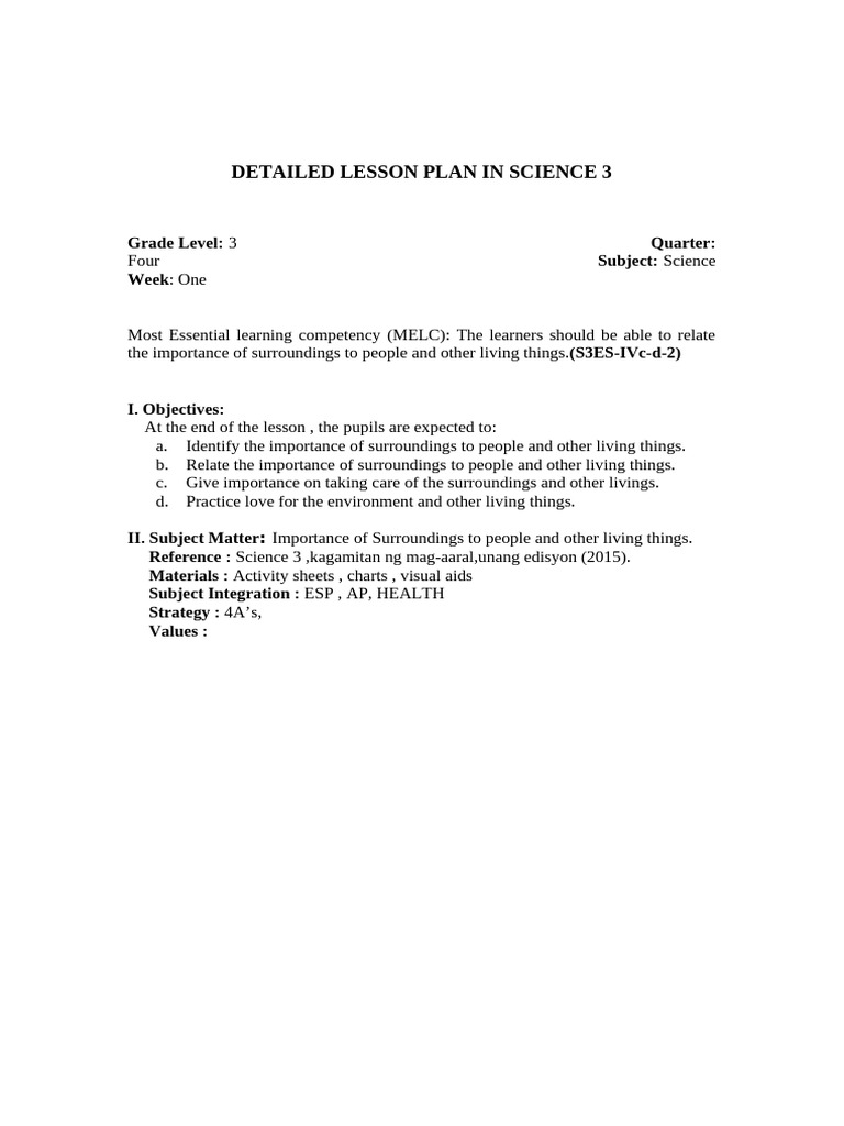 Importance Of Surroundings In Grade 3 Pdf Lesson Plan Teachers
