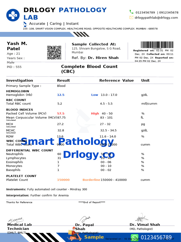 CBC Report for Anemia Evaluation | PDF | White Blood Cell | Clinical ...