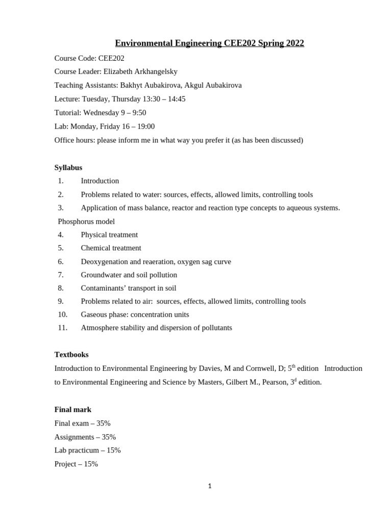 Environmental Eng. Course Guide | PDF