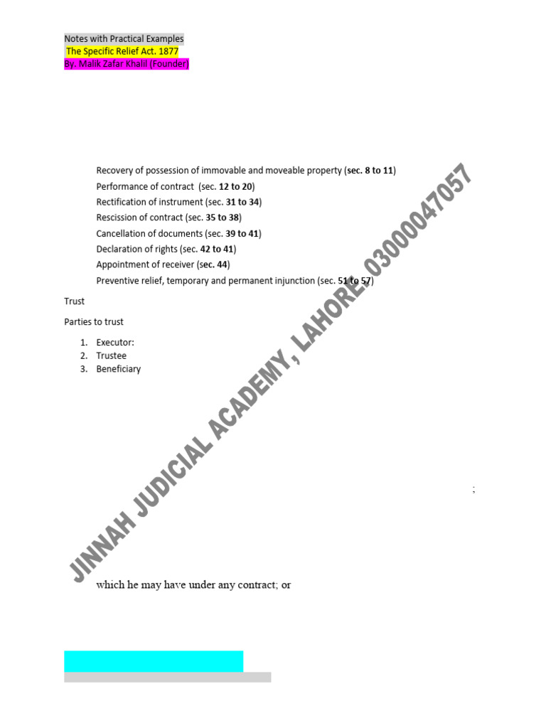 Specific Relief Act Notes With Practicle Examples New | PDF ...