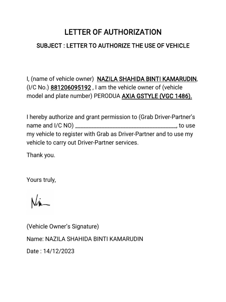 Vehicle Use Authorization for Grab Driver | PDF | Business