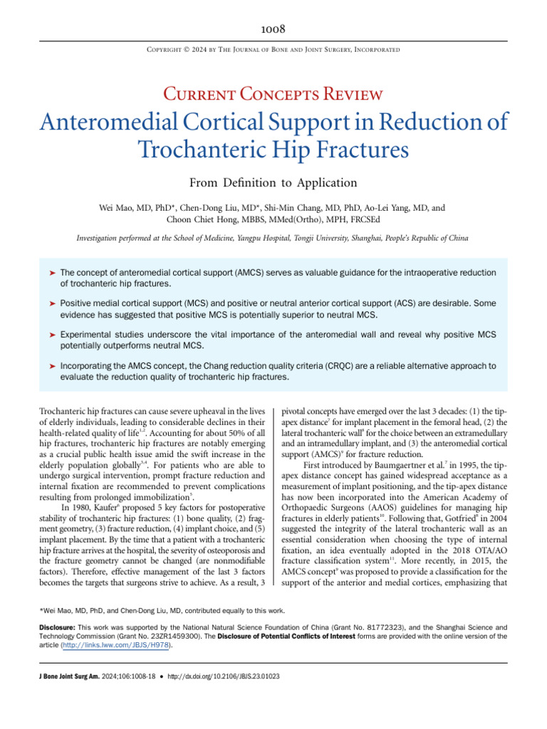 Anteromedial Cortical Support in Reduction of Trochanteric Hip ...