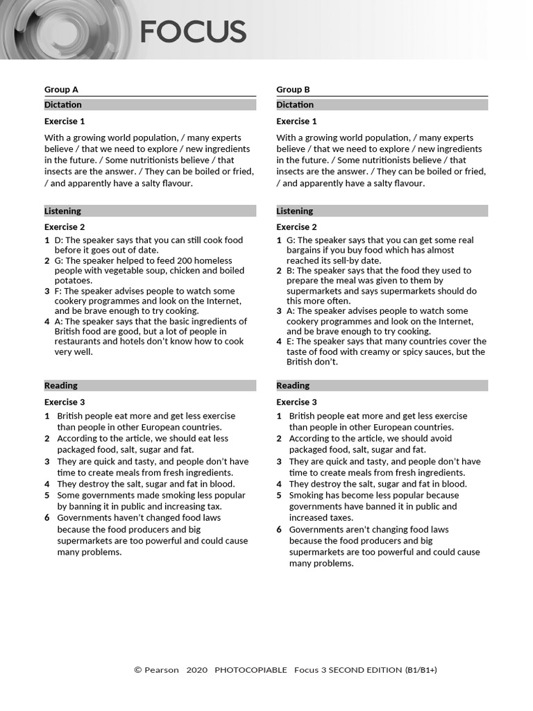 Focus 3 Unit 4 Test Answer Key | PDF | Cooking | Foods