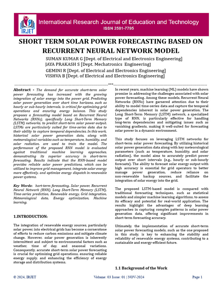 Short Term Solar Power Forecasting Based On Recurrent Neural Network ...