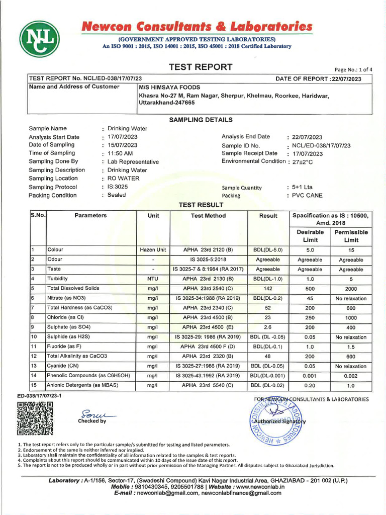 Water Test Report | PDF