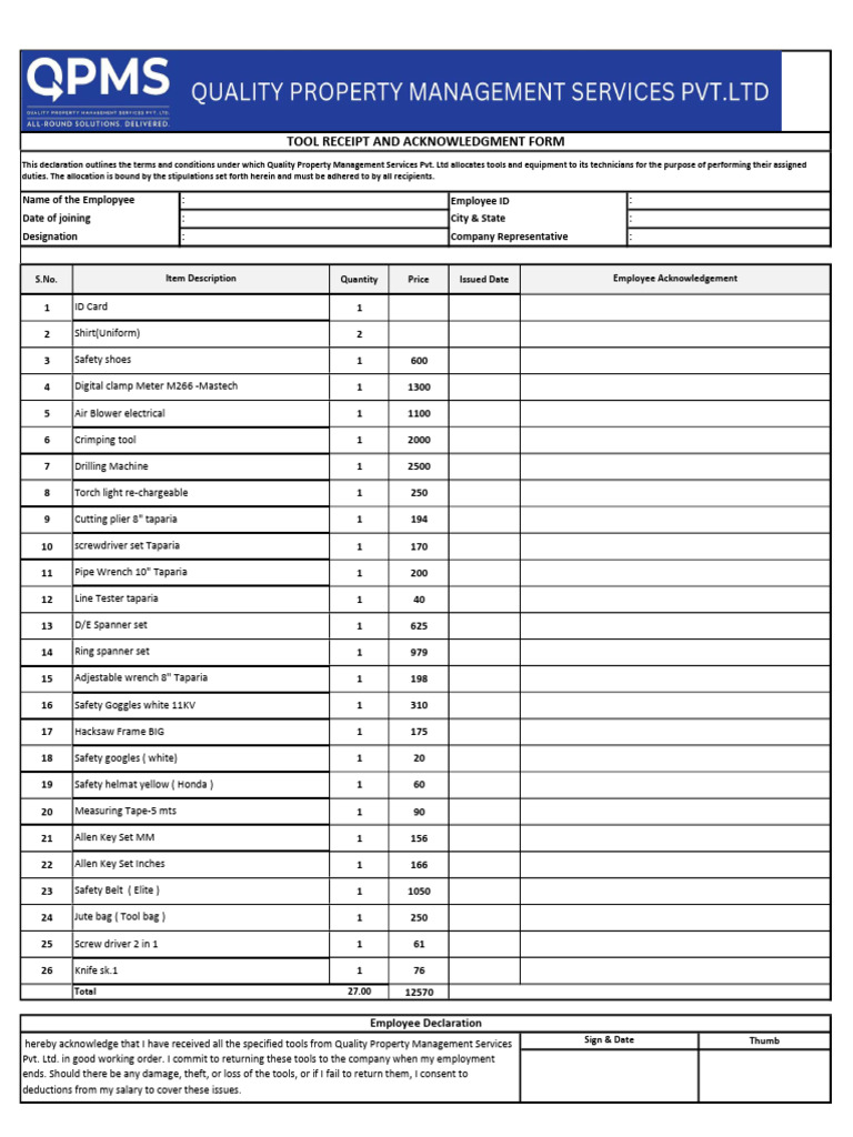 Tool Receipt and Acknowledgment Form | PDF | Tools