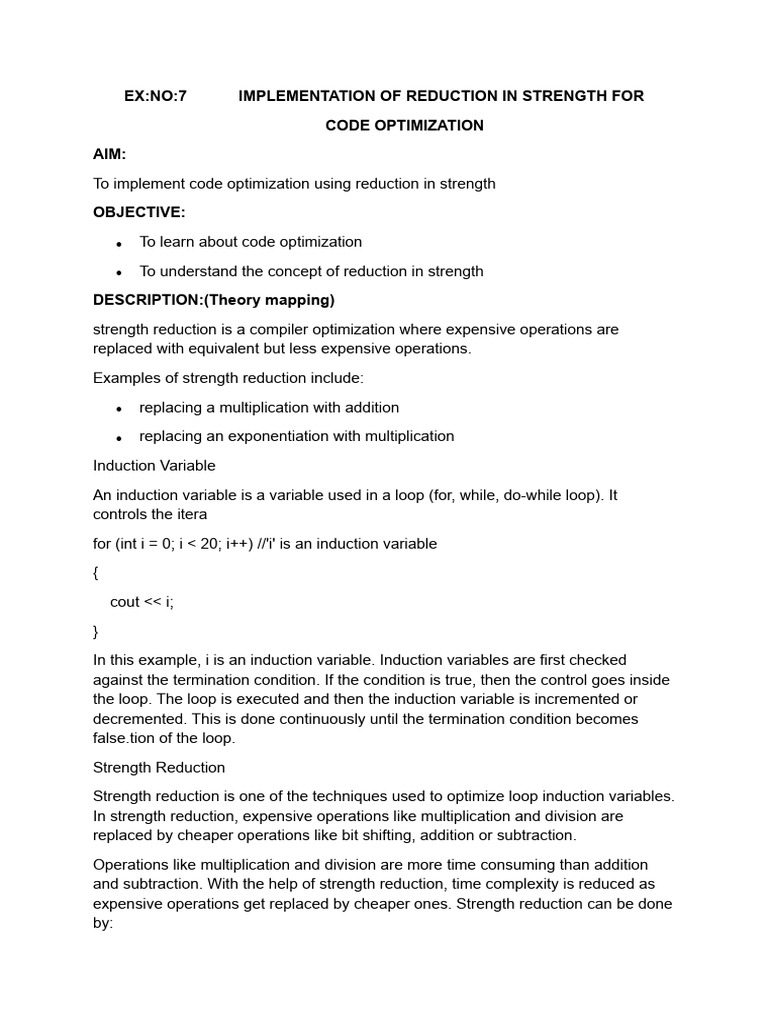 Ex:No:7 Implementation of Reduction in Strength For Code Optimization ...