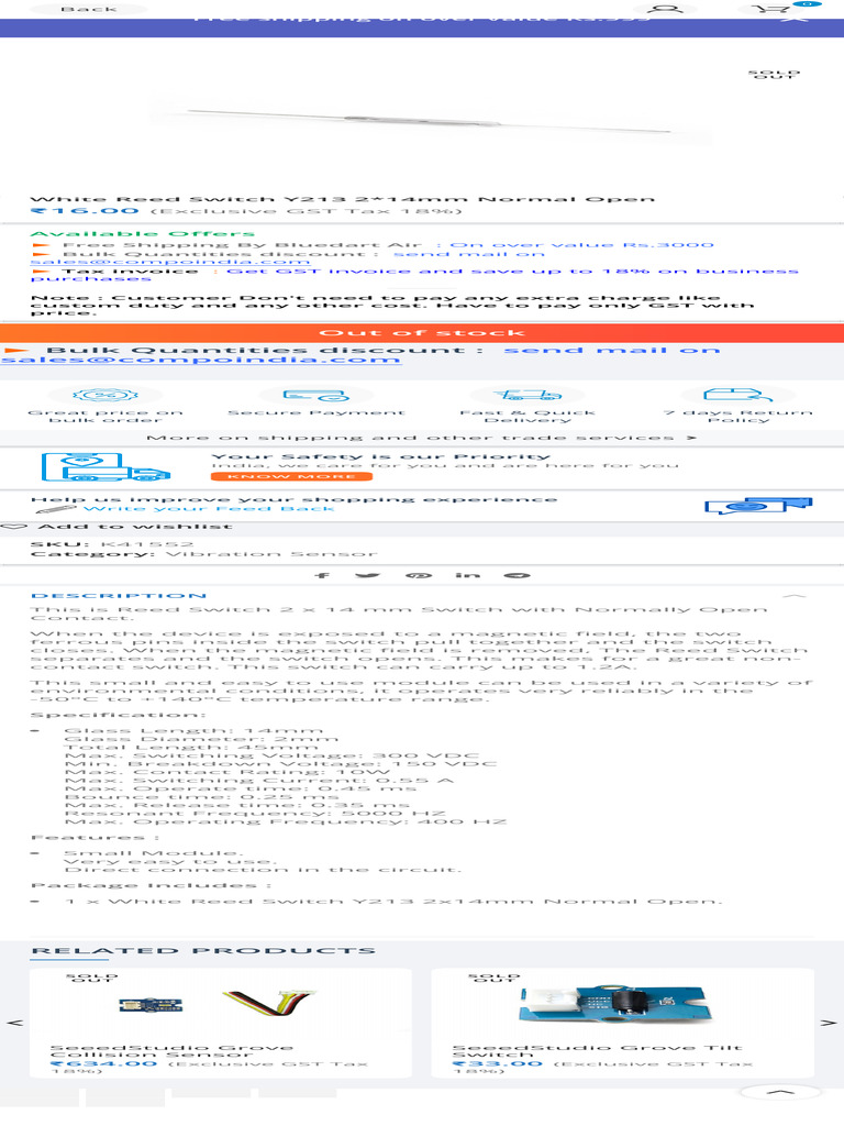 White Reed Switch Y213 2x14mm Module | PDF | Switch | Value Added Tax