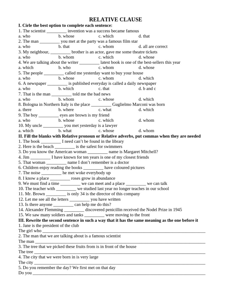 Relative Clauses Practice Exercises | PDF | Language Arts & Discipline ...