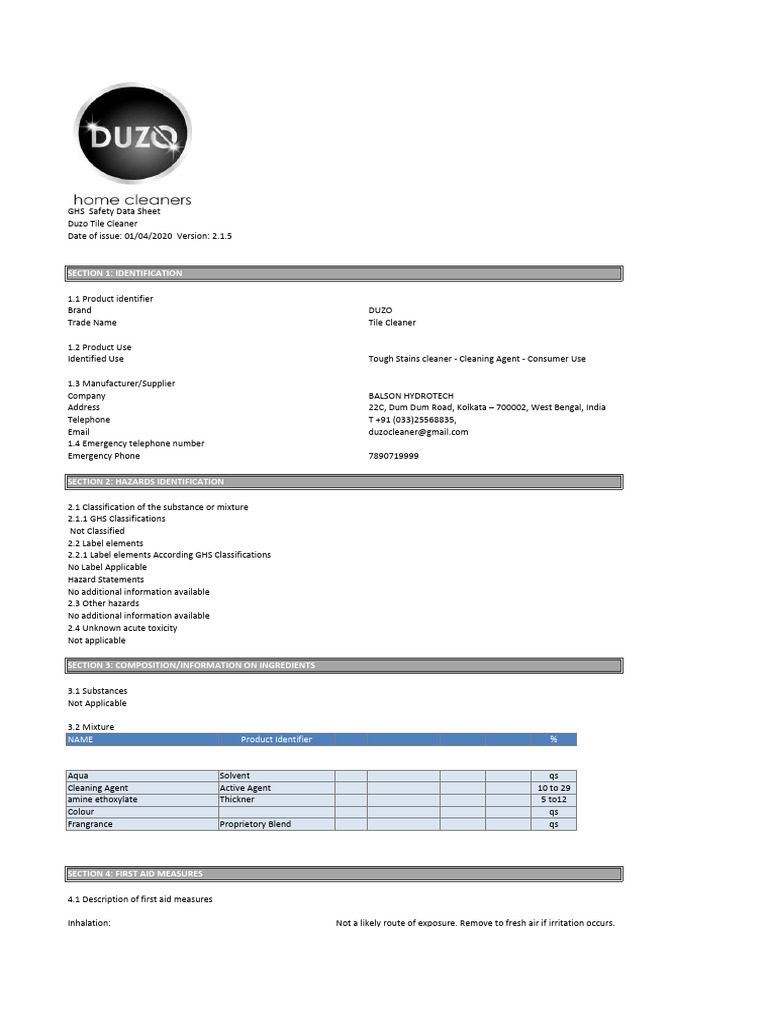 DUZO Tile Cleaner Safety Data Sheet | PDF | Toxicity | Personal ...
