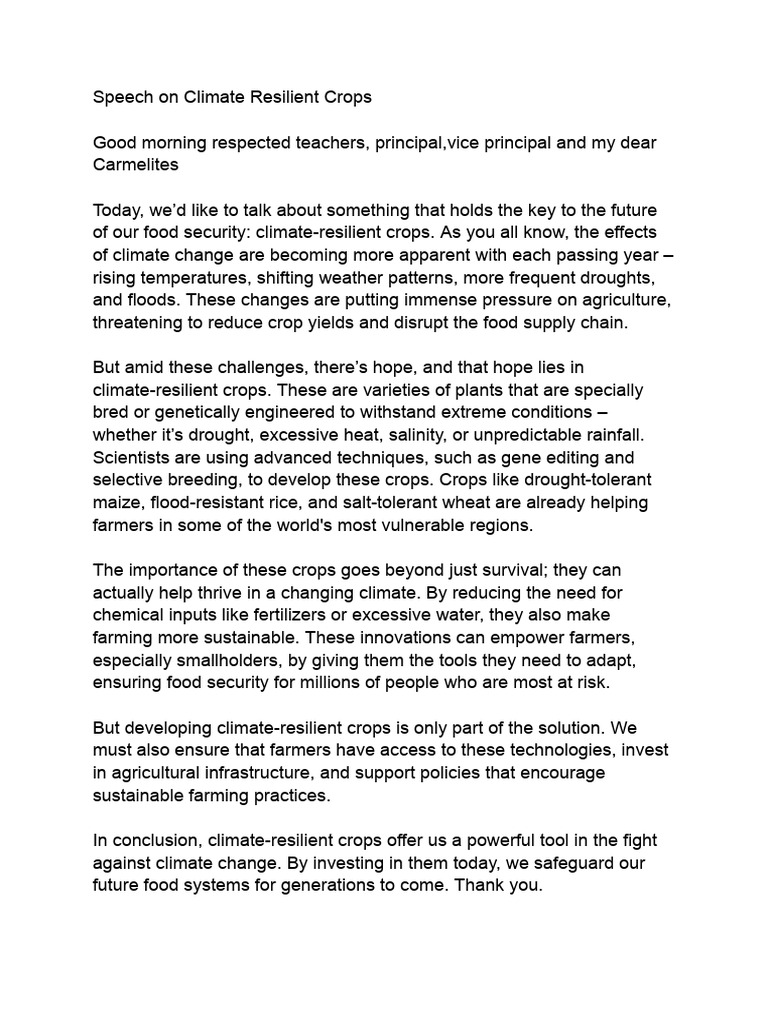 Speech On Climate Resilient Crops by Sharvii Chahal and Kanika Rohilla ...