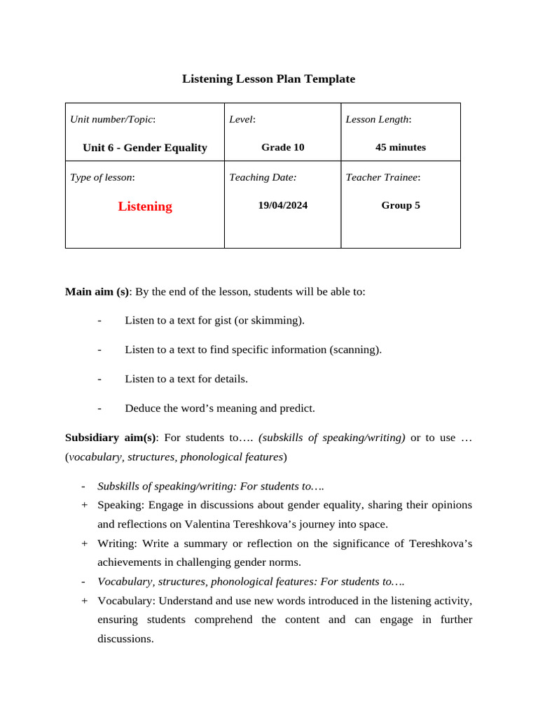 Gender Equality Listening Lesson Plan | PDF | Human Communication ...