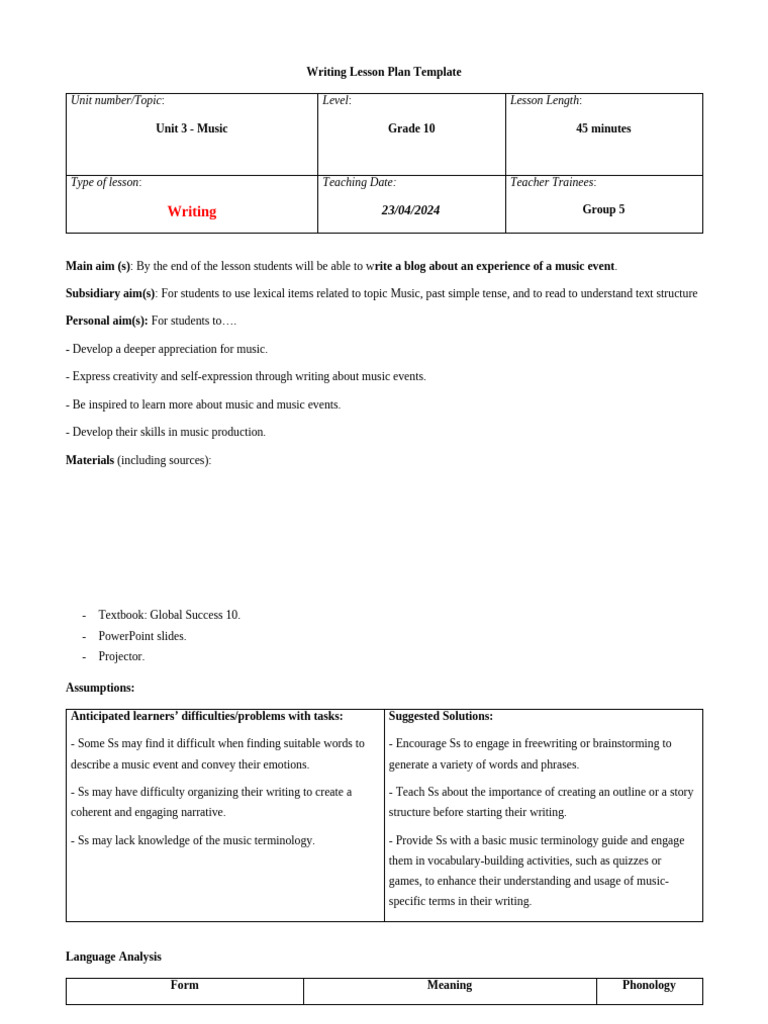 Grade 10 Music Writing Lesson Plan | PDF | Lesson Plan | Human ...