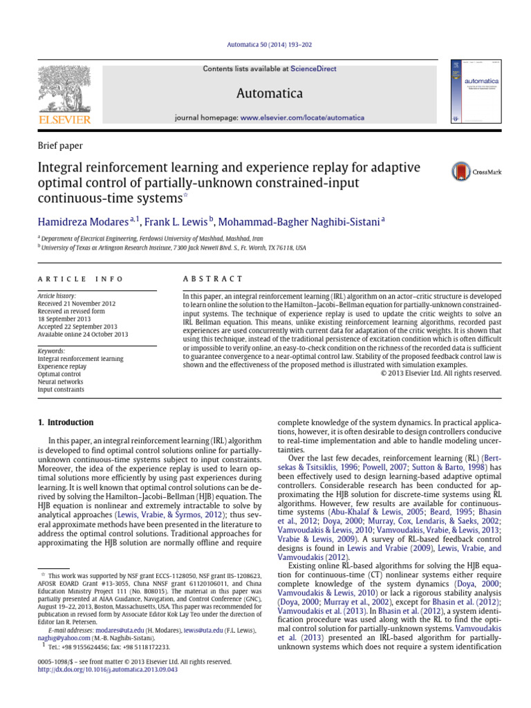 Adaptive Control via Integral Reinforcement Learning | PDF | Optimal ...