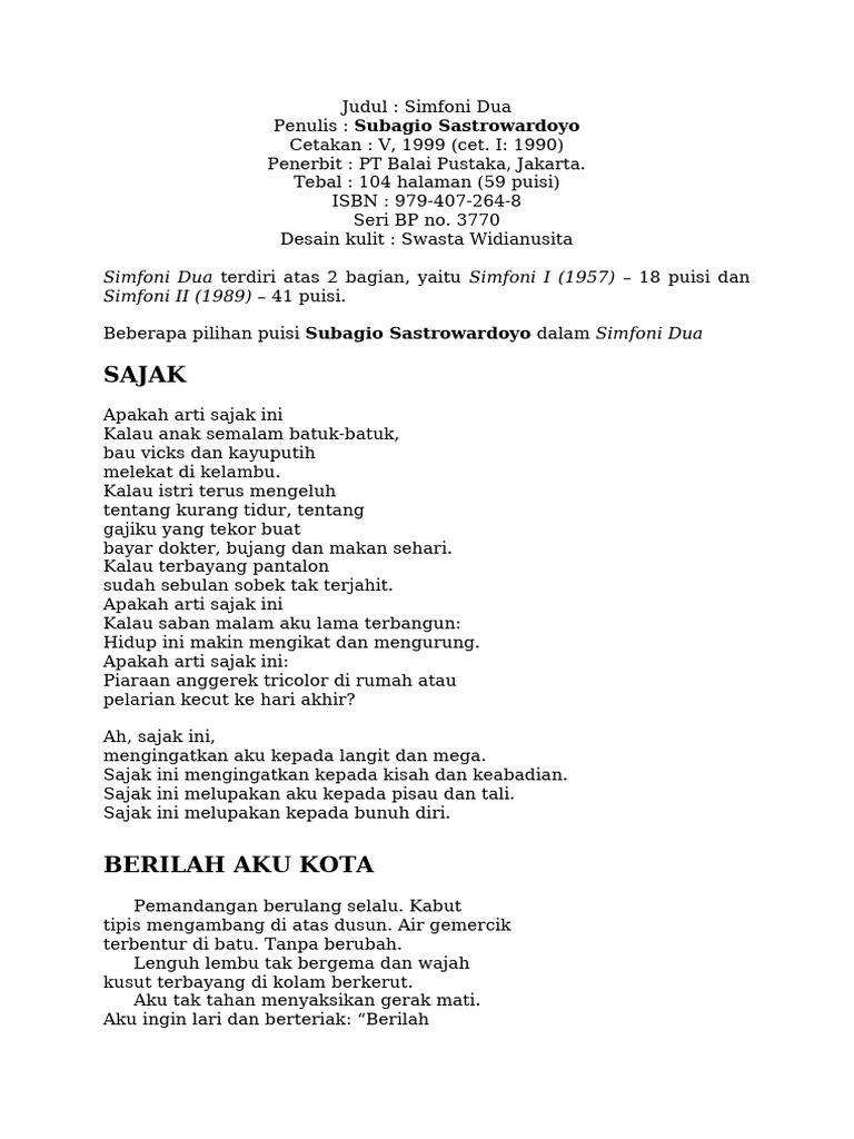 Puisi Subagio Sastrowardoyo: Simfoni Dua | PDF | Seni