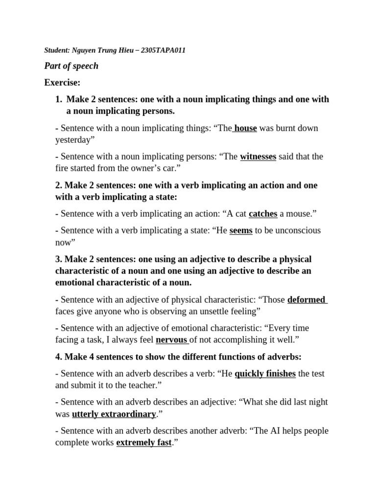 Parts of Speech Sentence Exercises | PDF | Grammatical Number | Adverb
