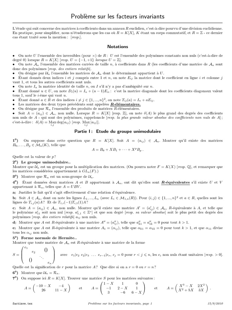 Facteurs invariants et matrices R-équivalentes | PDF | Matrice ...