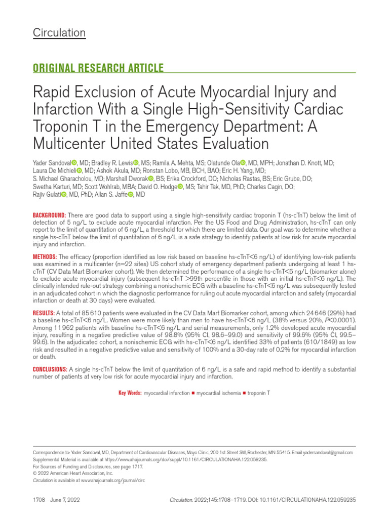 Rapid Exclusion of Acute Myocardial Injury and Infarction With A Single ...