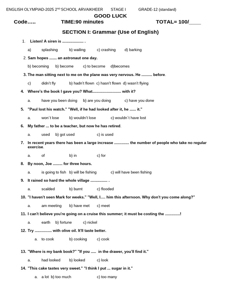 English Olympiad 2025 Sample Questions | PDF | Underwater Diving ...